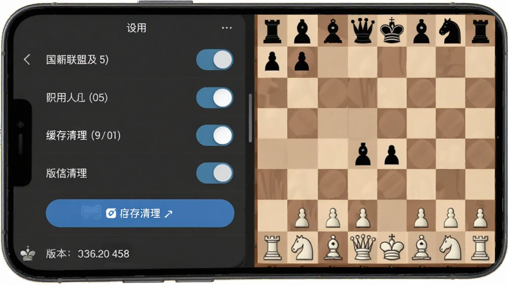 国象联盟移动端操作界面与设置选项展示,主体为手机屏幕显示设置菜单与棋盘,布局为纵向列表,排版为清晰的功能选项排列,风格为简洁实用,细节包含权限开关、缓存清理按钮、版本号显示,画质高清干净无多余元素