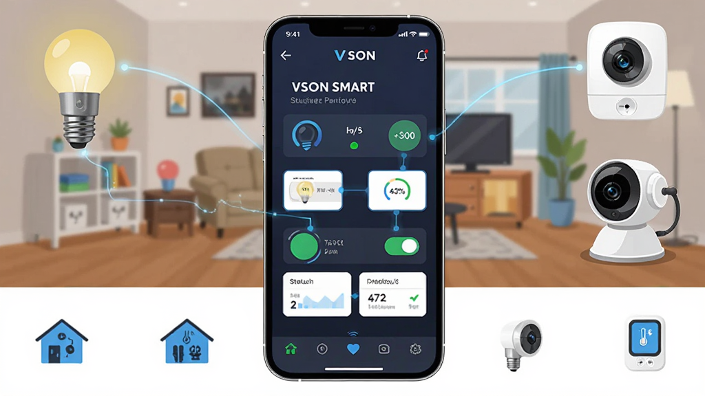 画面主体是一部智能手机,屏幕中展示“VSON SMART”智能家居控制面板,客厅背景中有智能灯泡、智能插座、摄像头与温湿度传感器,布局为手机居中、设备环绕四周,排版采用上下分区,上方为应用界面展示,下方为家庭设备图标,风格为现代科技感扁平插画,细节包含蓝色光效、连接线条、状态开关与数据卡片,画质清晰干净,无多余元素