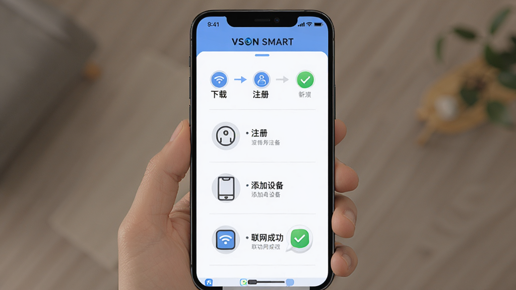 主体是手机屏幕中“VSON SMART”的新手设置引导页面,布局为步骤条加设备配网示意图,排版从上到下依次为下载、注册、添加设备、联网成功,风格为简洁教程插画,细节包含Wi-Fi图标、设备指示灯、勾选状态与提示气泡,画质清晰干净,无多余元素