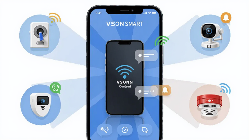 主体是手机屏幕中的“VSON SMART”远程控制界面,布局为中心手机、周围环绕家庭安防图标,排版采用放射状结构,风格为科技感插画,细节包含远程连接符号、消息提醒气泡、门磁、摄像头、烟雾报警器图标,画质清晰干净,无多余元素