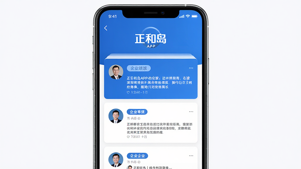 正和岛APP界面展示,主体为手机屏幕中显示企业家社交动态列表,布局采用居中竖屏构图,排版为上下结构上方品牌标识下方内容卡片,风格为现代商务简约风,细节包含蓝色主色调、圆形头像、企业标签、动态文字摘要,画质高清干净无多余元素