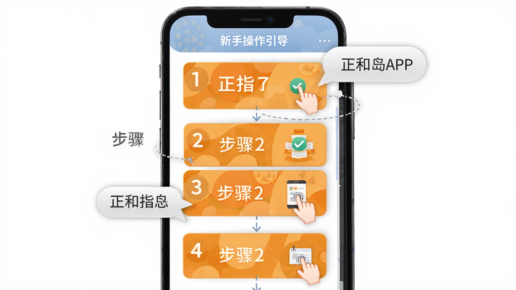 正和岛APP新手操作引导界面,主体为手机屏幕中显示步骤指引与提示气泡,布局采用纵向流程排列,排版为分步卡片式,风格为扁平化插画风,细节包含数字序号、勾选图标、手指点击示意、正和岛品牌色,画质干净清晰无多余元素