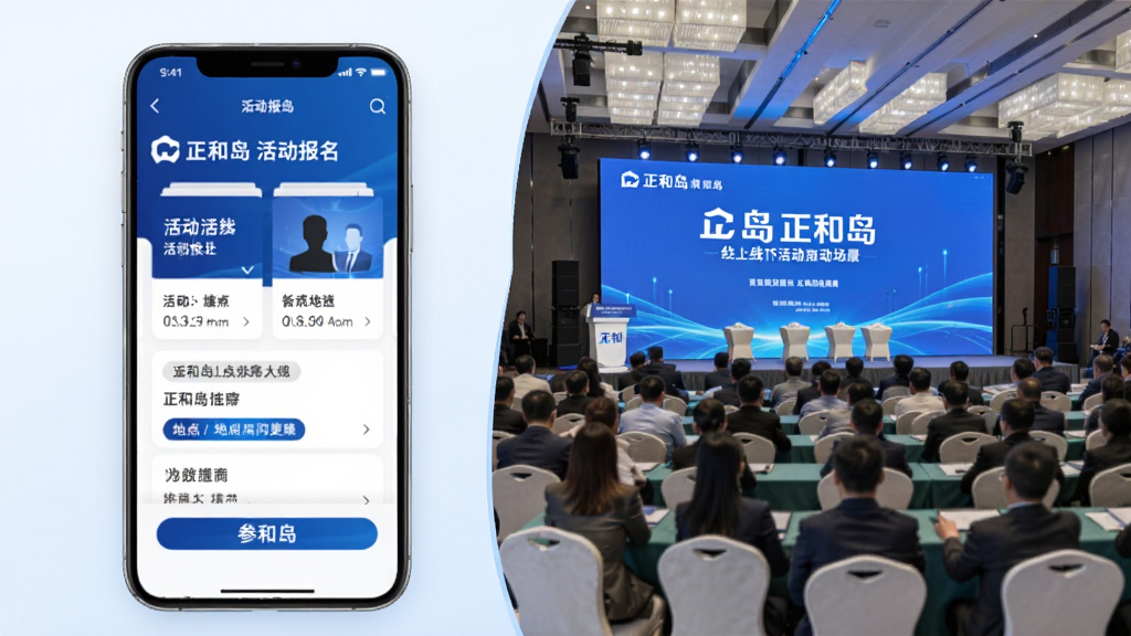 正和岛线上线下活动联动场景,主体为手机屏幕显示活动报名页面与线下会议现场结合,布局采用画中画形式,排版为左屏右景的对比结构,风格为商务科技风,细节包含活动卡片、时间地点标签、参会人员剪影、正和岛品牌元素,画质高清干净无多余元素
