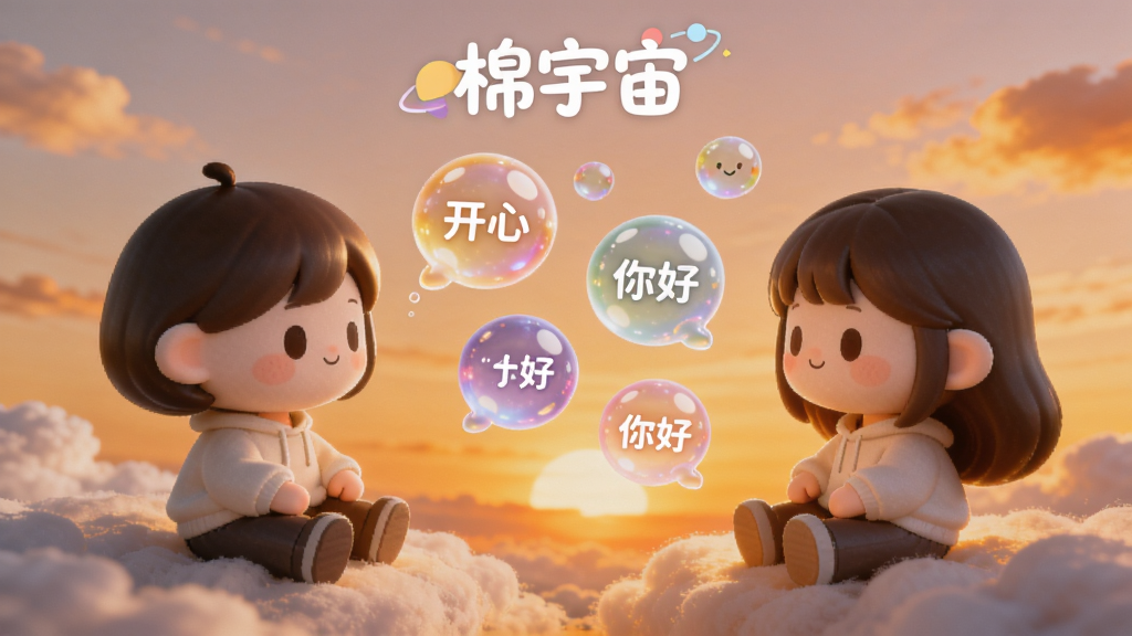 画面主体是两个可爱的虚拟形象在云端上相对而坐,他们之间漂浮着几个发光的彩色气泡,气泡上写着“开心”、“你好”等简单词汇。布局为双人对坐的对称构图,背景是温暖的夕阳天空。排版上,画面正上方有“棉宇宙”的文字标识。风格为温馨治愈系插画,细节上强调气泡的透明感和人物的柔和表情,画质高清,干净无多余元素。