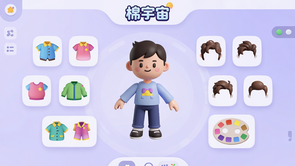 画面主体是一个充满科技感的虚拟形象编辑界面,界面中央漂浮着一个半成品的3D卡通人物,周围环绕着五颜六色的服饰图标、发型图标和调色盘。布局采用环绕式UI设计,背景是柔和的浅紫色渐变。排版上,界面顶部有“棉宇宙”的Logo。风格为扁平化科技风,细节上突出图标的圆润感和界面的简洁性,画质高清,干净无多余元素。