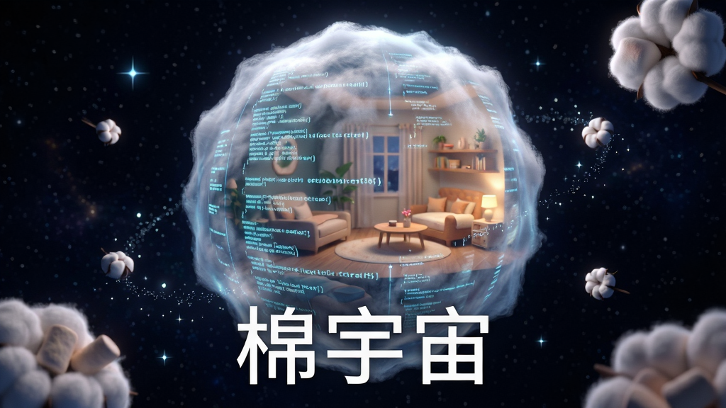 画面主体是一个巨大的半透明发光棉絮状星球悬浮在深空背景中,星球内部隐约可见数字代码流动与温馨的家居场景交织。布局采用中心构图,星球占据画面中央,周围环绕着细碎的星光与漂浮的棉花糖状云朵。排版上,画面底部有一行干净的白色无衬线字体写着“棉宇宙”。风格为3D渲染结合赛博朋克与治愈系插画,细节上强调棉絮的柔软质感与数字光效的冷峻对比,画质为8K超高清,干净无多余元素。