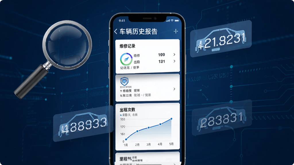 一个手机屏幕界面展示车辆历史报告,报告包含维修记录、出险次数、里程曲线等模块,屏幕周围有放大镜和车架号字符漂浮,整体采用深蓝色科技感背景,画面风格简洁现代,细节清晰,画质干净,无多余元素