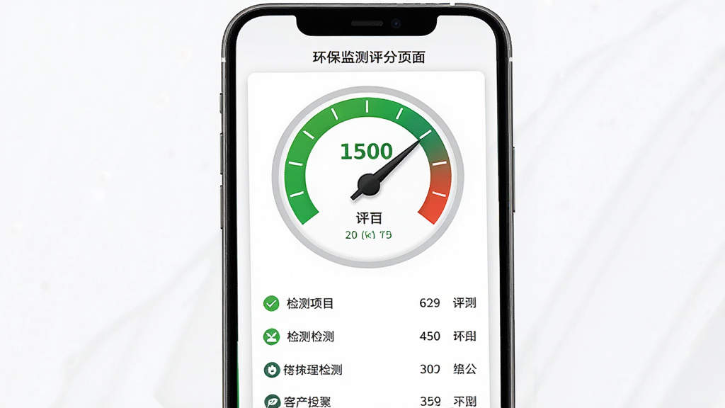 环保监测预警软件环保预检评分页面,手机屏幕中央显示一个圆形评分仪表盘,指针指向绿色区域,下方列出各项检测项目与评分明细,背景为白色卡片式设计,风格清新简洁,细节上突出评分数字与颜色分级,画质清晰,无多余装饰