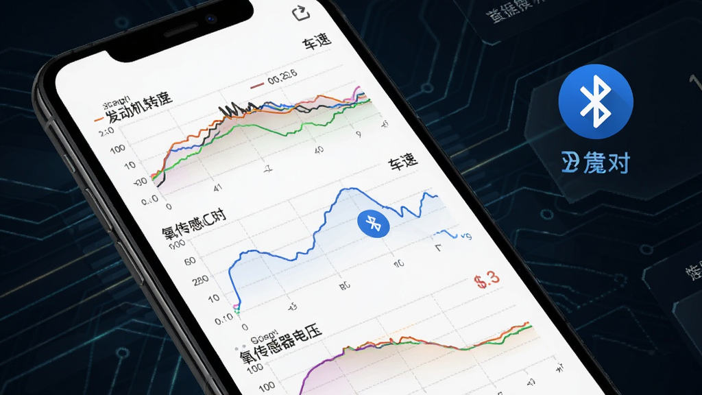 环保监测预警软件实时数据流界面,手机屏幕显示多条彩色折线图,分别代表发动机转速、车速、氧传感器电压等数据变化,画面中有蓝牙连接成功的提示图标,背景为深色科技风格,布局清晰,风格现代简约,细节上突出曲线与数值标签,画质高清,干净无杂乱元素