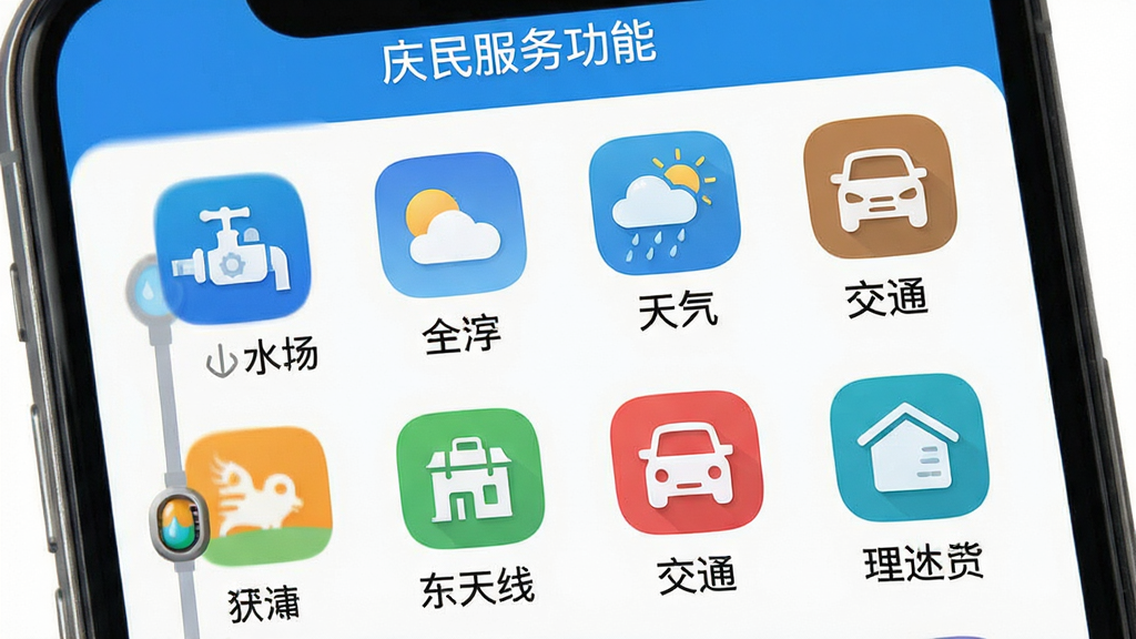 东天山便民服务功能界面,主体为手机屏幕展示水务、天气、交通等图标,布局为网格排列,排版简洁,风格清爽实用,细节包含彩色功能图标和文字说明,画质清晰,干净,无多余元素