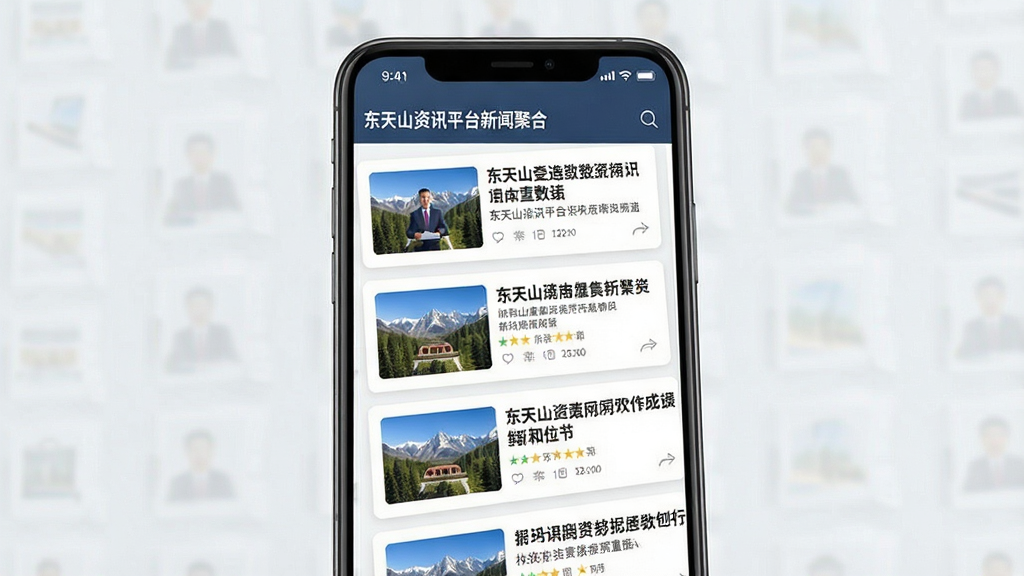 东天山资讯平台新闻聚合界面,主体为手机屏幕展示多条新闻卡片,布局为垂直列表,排版整齐,风格专业商务,细节包含新闻缩略图和标题,画质清晰,干净,无多余元素