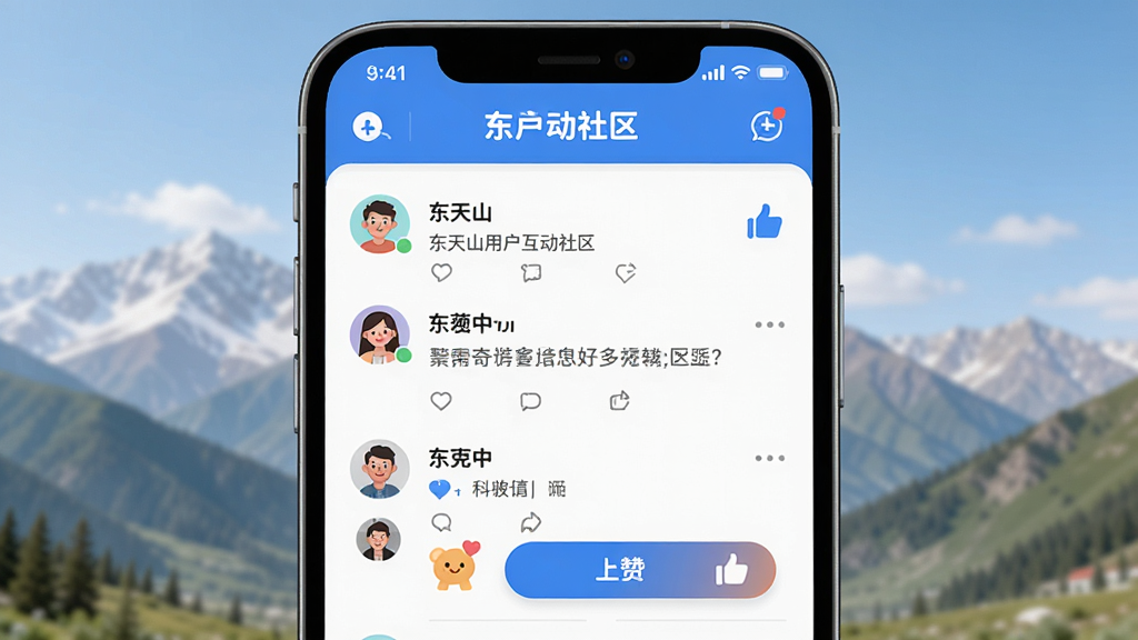 东天山用户互动社区界面,主体为手机屏幕显示评论和点赞功能,布局为社交动态流,排版活泼,风格友好亲切,细节包含用户头像和互动按钮,画质高清,干净,无多余元素