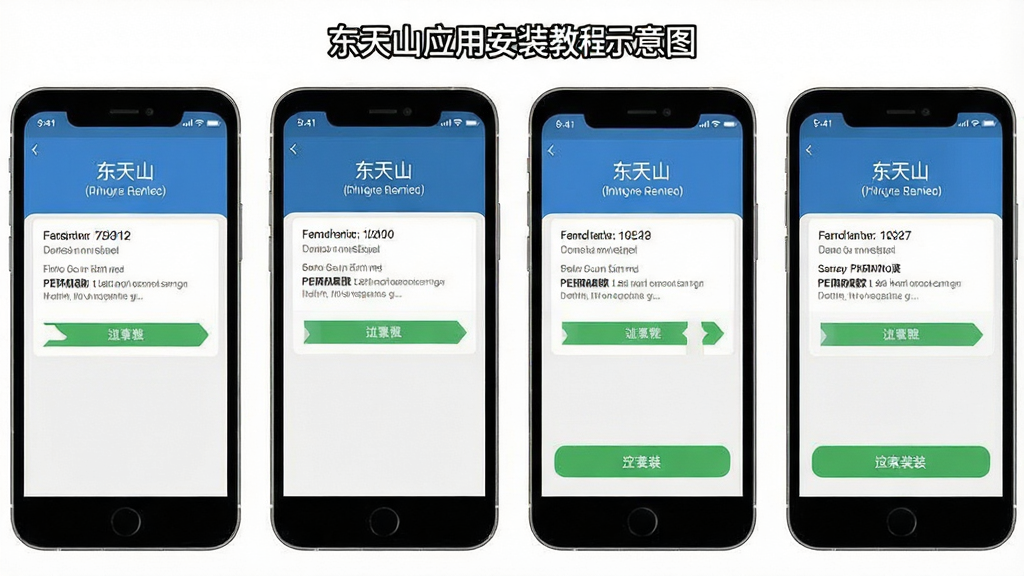 东天山应用安装教程示意图,主体为手机屏幕展示安装步骤,布局为分步截图排列,排版清晰,风格简洁明了,细节包含权限设置界面和安装按钮,画质高清,干净,无多余元素