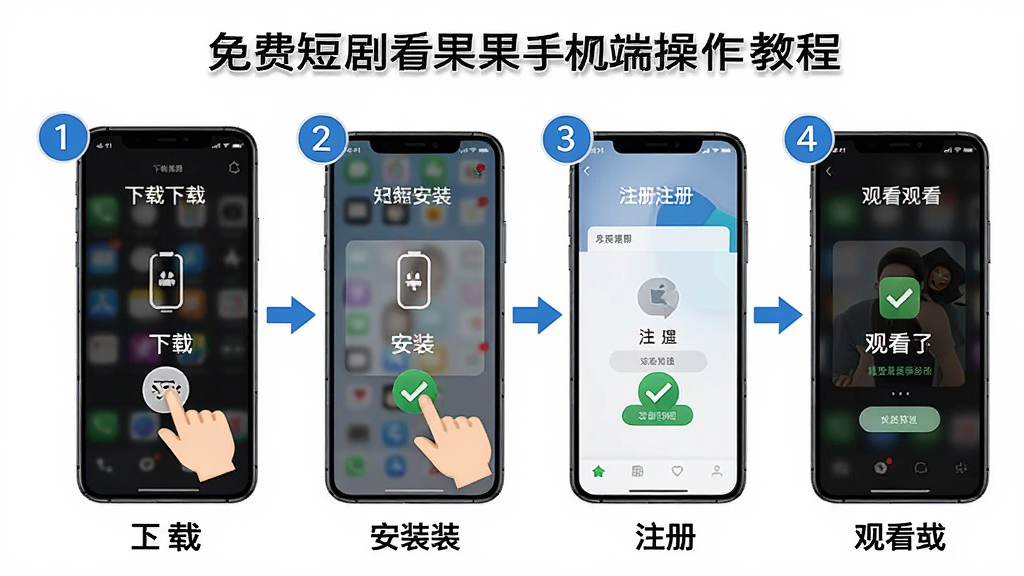 免费短剧看果果手机端操作教程示意图,画面展示一部智能手机,屏幕上分步骤显示下载、安装、注册、观看四个操作界面,每个步骤有数字标注和箭头引导,背景为白色,布局采用流程图形式,排版清晰直观,风格教学指导,细节包含手指点击图标和勾选标记,画质高清,干净,无多余元素
