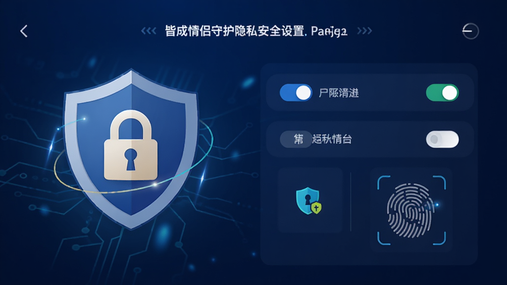 皆成情侣守护隐私安全设置页面,画面为盾牌图标与锁形符号组合,背景为深蓝渐变科技风,界面显示权限开关和加密标识,细节包含指纹识别图案,画质锐利无冗余元素