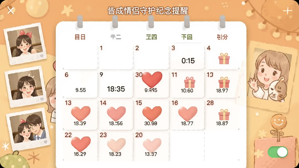 皆成情侣守护纪念提醒界面,画面为日历样式,重点日期用爱心标记,旁边显示倒计时数字和礼物图标,背景为暖色调插画风格,细节包含相册缩略图和提醒开关,画质细腻干净