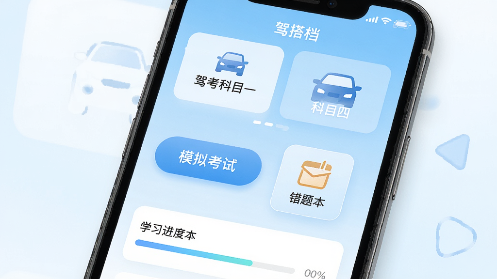 一张手机屏幕展示驾搭档APP首页界面,上方有驾考科目一科目四题库入口,中间有模拟考试按钮和错题本图标,下方有学习进度条,背景为浅蓝色渐变,风格简洁清爽,细节清晰,画质高清,干净无多余元素