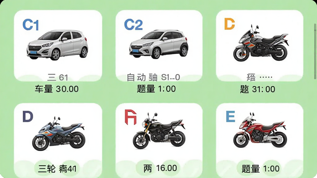 一张驾搭档APP车型选择界面,屏幕上排列着C1小型汽车、C2自动挡汽车、D三轮摩托车、E两轮摩托车等车型图标,每个图标下方有对应的题库题量显示,背景为浅绿色,风格清新,画质高清,干净无多余元素