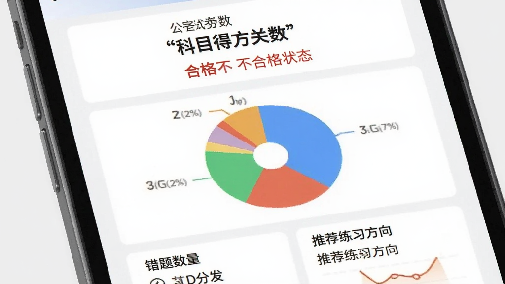 一张驾搭档APP模拟考试结果页面,屏幕上方显示考试分数和合格/不合格状态,中间有各科目得分分布饼状图,下方列出错题数量和推荐练习方向,整体风格为数据可视化卡片,背景为淡灰色,画质高清,干净无多余元素