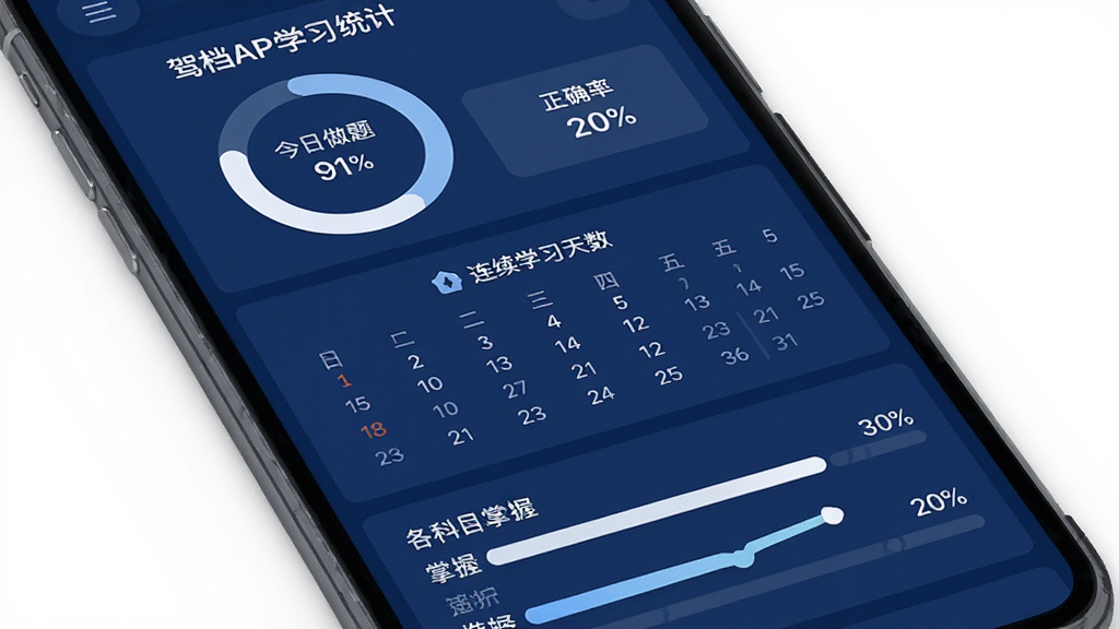 一张驾搭档APP学习统计页面截图,屏幕上方显示今日做题数量和正确率环形图,中间有连续学习天数日历标记,下方列出各科目掌握程度进度条,整体风格为数据面板,背景为深蓝色,文字为白色,画质高清,干净无多余元素