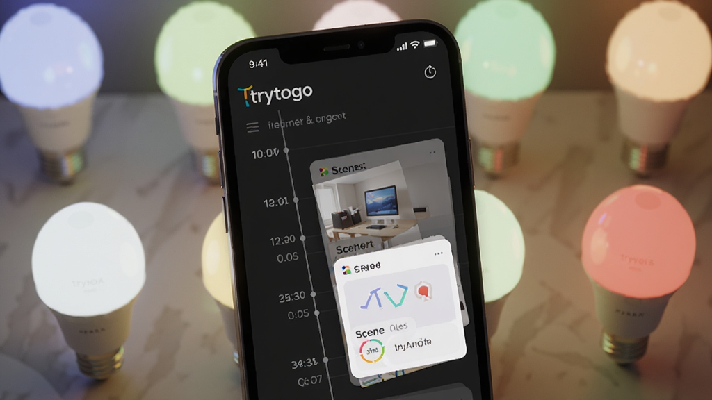 一张展示 trytogo 定时与场景功能的图片,手机屏幕显示时间轴和场景卡片,背景有多个智能灯泡发出不同颜色光芒,排版整齐,风格科技温馨,画质高清