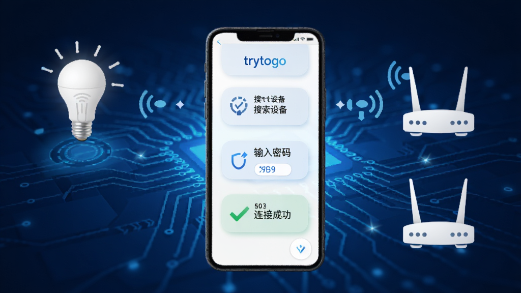 一张展示 trytogo 软件配网流程的示意图,手机屏幕显示搜索设备、输入密码、连接成功三个步骤,周围有智能灯泡和路由器图标,蓝色科技感背景,排版清晰,风格简洁,画质干净