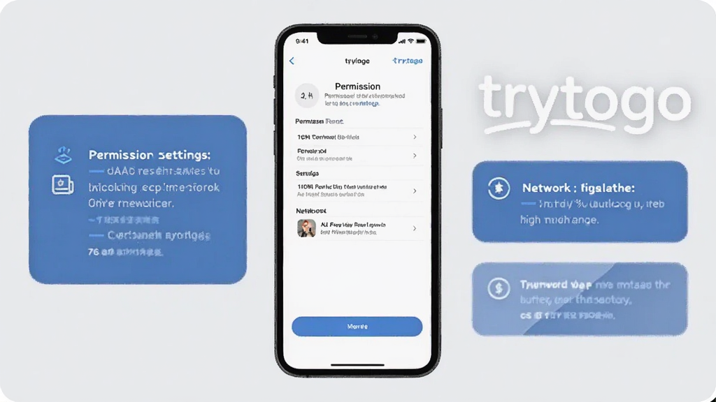 一张展示 trytogo 新手操作要点的图片,手机屏幕显示权限设置和网络选择界面,旁边有提示文字框,背景简洁,风格清晰,画质干净