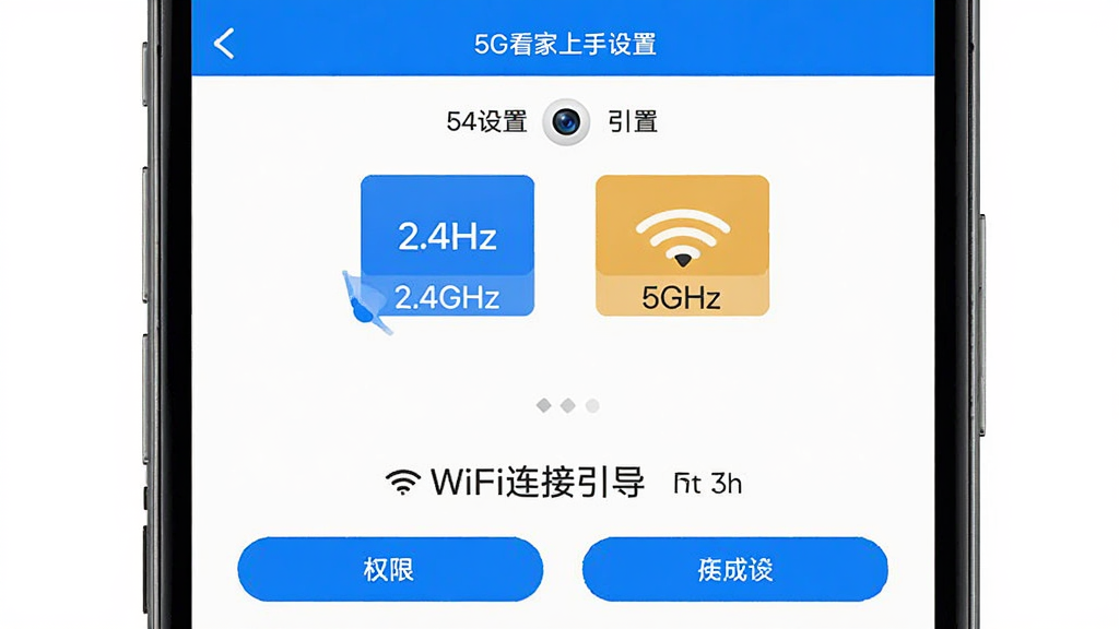 5G看家上手设置界面展示,手机屏幕显示权限设置与WiFi连接引导页,画面中有2.4GHz与5GHz频段对比图标,布局为上下结构,风格为清爽工具类界面,细节包含蓝色高亮按钮、提示文字、摄像头小图标,画质高清干净无多余元素