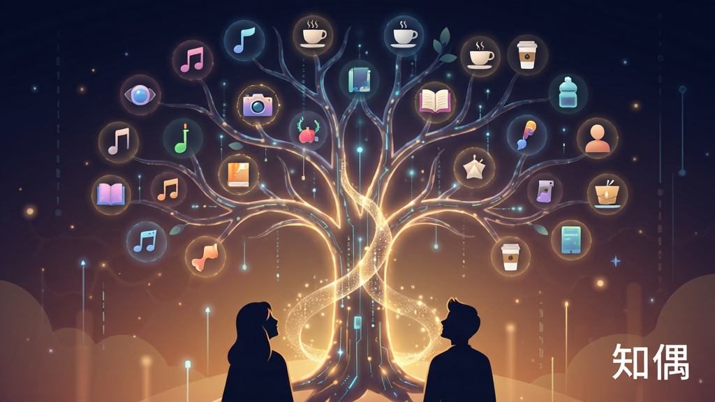 知偶兴趣匹配功能示意图,画面中央是一棵发光的科技树,树枝上挂满了代表不同兴趣的图标,如音符、相机、书本、咖啡杯等。树下有两个人物剪影,正抬头看着这棵树,一条光带将他们连接起来。布局采用中心发散式构图,风格为科技感与温暖感结合的插画风。细节上,图标带有微光效果,光带由细小的数据粒子组成。画质高清,干净,无多余元素,画面中带有「知偶」的文字标识。