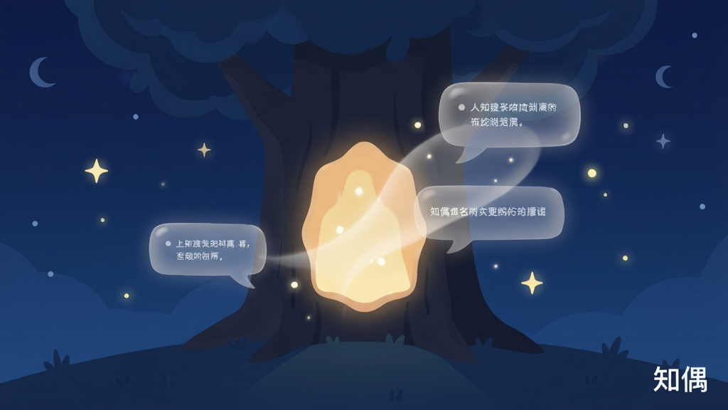 知偶匿名树洞界面预览图,画面展示一个深蓝色的静谧夜空背景,中央有一个发光的树洞形状入口,洞口飘出几缕柔和的光晕和文字气泡。树洞周围环绕着星星点点的光斑。布局简洁,主体突出,风格为治愈系扁平插画。细节上,文字气泡呈现半透明质感。画质清晰,干净,无杂乱元素,画面角落带有「知偶」的文字标识。