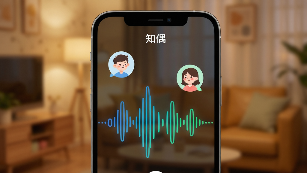 知偶语音聊天功能场景图,画面展示一部手机屏幕亮起,屏幕中显示着声波跳动的动画,声波上方有两个卡通头像正在对话。背景是温馨的室内环境虚化处理。布局采用手机特写居中,风格为现代UI展示风格。细节上,声波由蓝绿色渐变线条构成,头像带有微笑表情。画质高清,干净,无多余元素,屏幕顶部有「知偶」的文字标识。