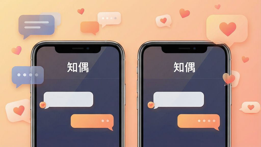 一张展现知偶社交软件核心氛围的竖版海报,主体是两部并排的智能手机,屏幕中显示着简洁的聊天对话框,对话框上方有「知偶」的文字标识。背景是柔和的暖色调渐变,点缀着漂浮的对话气泡和抽象的爱心符号。布局采用居中对称排版,风格偏向现代扁平化与微质感结合。细节上,手机边缘带有轻微的光泽,气泡有层次感。画质要求高清、干净、无多余杂乱元素,整体传递出温暖、真诚的交友氛围。