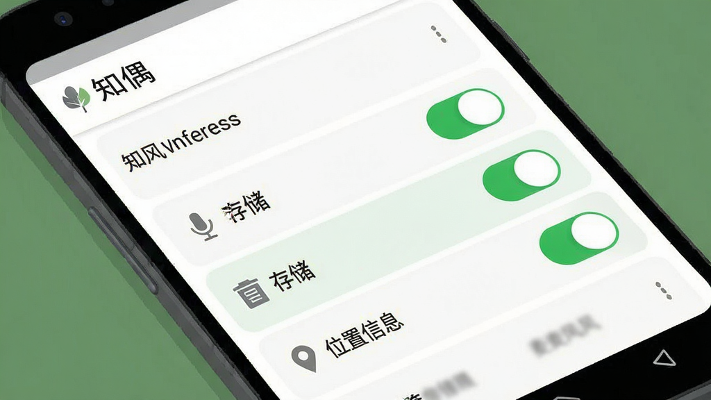知偶手机端权限设置界面示意图,画面展示一部安卓手机屏幕,屏幕内容是应用权限管理页面,高亮显示「麦克风」、「存储」、「位置信息」三个权限开关。布局为手机正面特写,风格为扁平化UI示意图。细节上,开关按钮为绿色开启状态,页面顶部带有「知偶」的文字标识。画质清晰,干净,无杂乱元素。