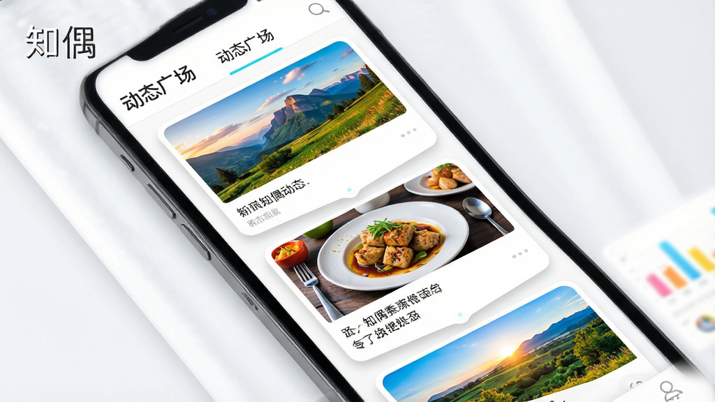 知偶动态广场界面展示图,画面呈现一个瀑布流布局的手机应用界面,卡片中包含风景照、美食照和简短文字。界面顶部有「动态广场」的标签栏。布局为多卡片错落排版,风格为清新明快的UI设计。细节上,卡片带有圆角阴影,图片色彩鲜艳。画质高清,干净,无杂乱元素,界面左上角有「知偶」的文字标识。