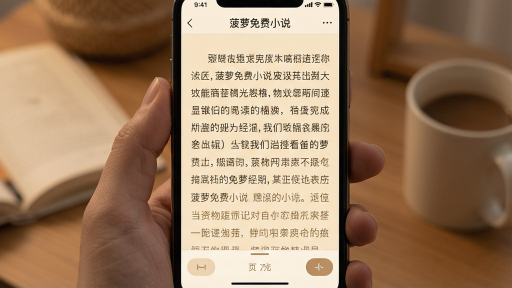 一张阅读界面展示图,画面为“菠萝免费小说”阅读页,手机屏幕上显示一段小说正文,背景为米黄色护眼底色,底部有翻页设置工具栏,风格温馨舒适,画质清晰,无多余元素