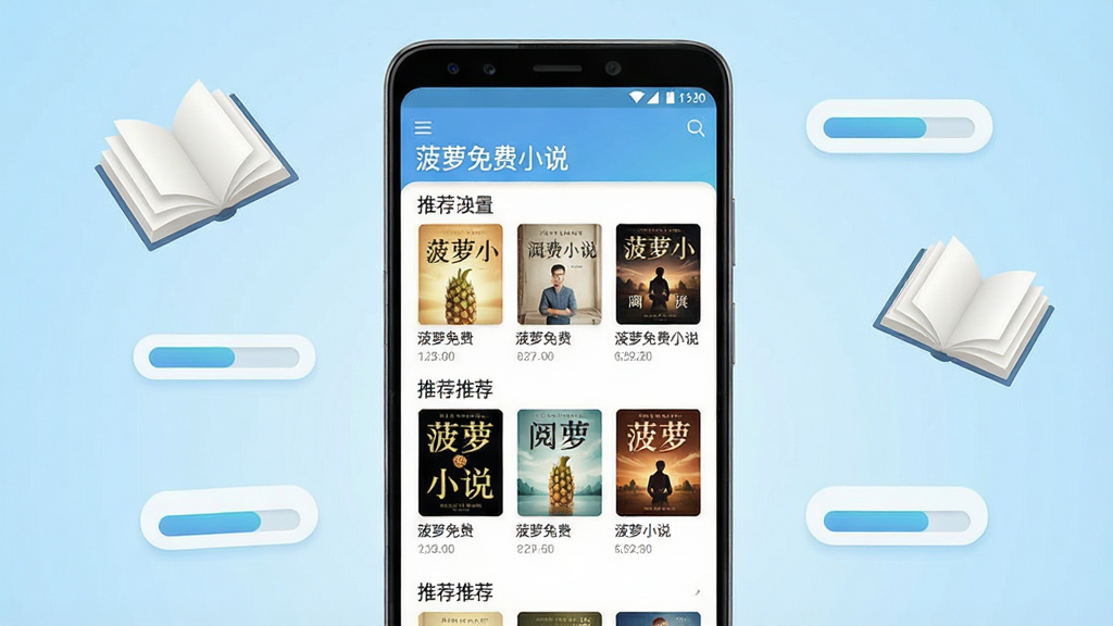 一张手机应用展示图,画面中央是一部竖屏安卓手机,手机屏幕上显示“菠萝免费小说”应用主界面,界面中有书架列表和推荐书封,背景为浅蓝色渐变,周围漂浮着几本翻开的书籍和阅读进度条图标,整体风格清新简洁,排版居中,画质清晰干净,无多余元素
