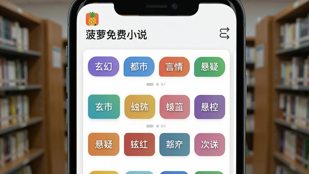 一张书库分类展示图,画面主体为“菠萝免费小说”应用内的分类页面,屏幕上排列着玄幻、都市、言情、悬疑等彩色分类标签,背景为白色卡片式布局,风格干净现代,画质清晰,无多余元素