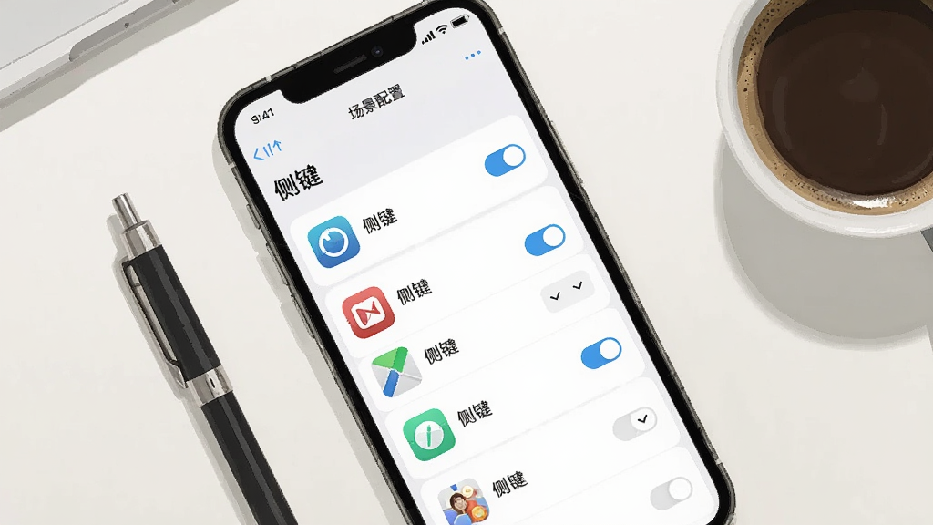 一部手机平放在桌面上,屏幕显示“侧键”应用的设置页面,页面中有多个应用图标列表,每个图标旁边有开关和下拉选项,手机旁边放着一支笔和一杯咖啡,布局为俯视角度,风格为简约商务摄影感插画,细节包括屏幕上的文字“侧键”和“场景配置”字样,画质清晰干净,无多余元素