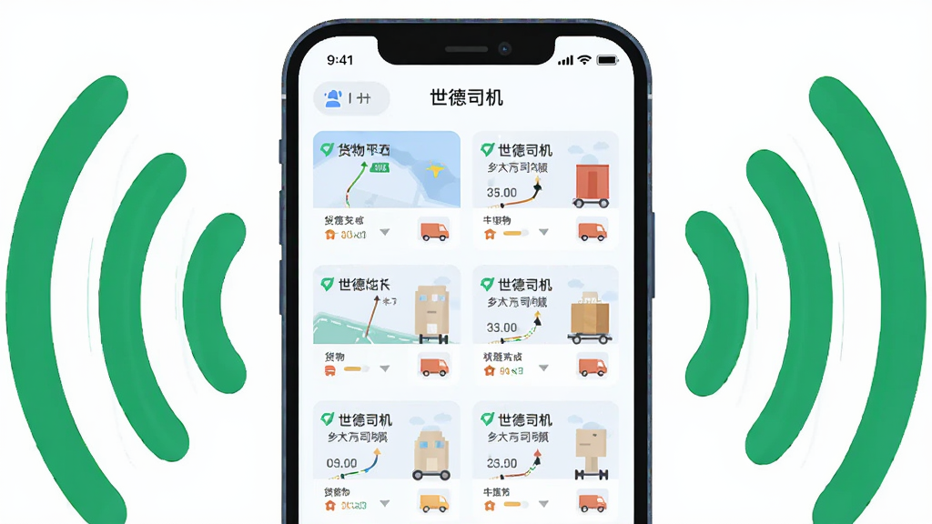 主体是一个巨大的智能手机屏幕,布局采用居中展示,屏幕上显示着多个货源卡片列表,每张卡片上有路线和货物信息,排版整齐有序,风格为扁平化UI插画,细节上屏幕周围有绿色信号波纹向外扩散,画质清晰,画面干净,无多余元素,图片中带有“世德司机”文字