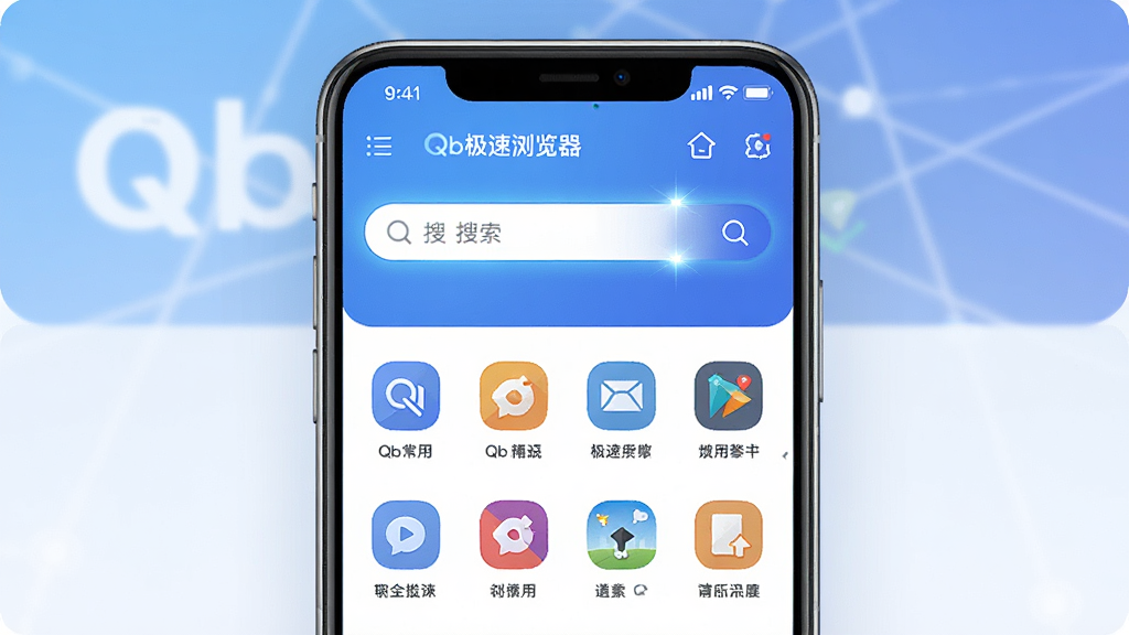 一张展示Qb极速浏览器手机端主界面的场景图,画面中央为竖屏手机,屏幕内显示Qb极速浏览器首页搜索框与常用网址导航图标,布局简洁对称,排版以手机为中心,风格为现代科技感扁平化设计,细节包括蓝色渐变背景、圆角图标、搜索栏光效,画质高清干净无多余元素