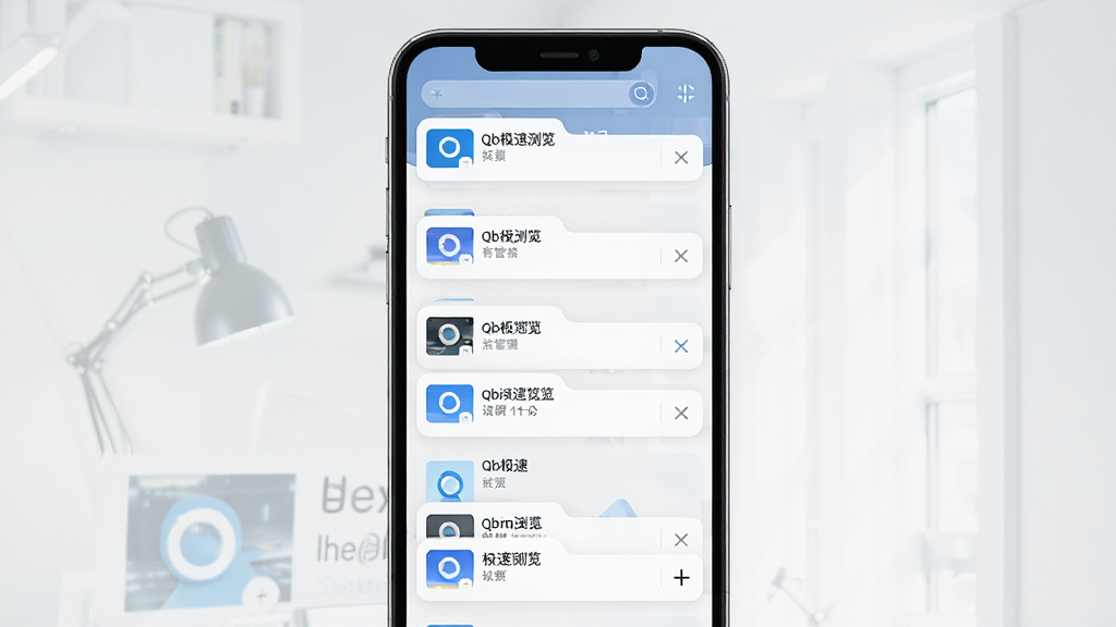 一张表现Qb极速浏览器多标签管理界面的手机截图风格图,画面中央为手机屏幕,屏幕内显示多个网页标签卡片纵向排列,布局居中,排版清晰,风格为现代移动端UI设计,细节包括标签缩略图、关闭按钮、新建标签加号,画质高清干净无多余元素