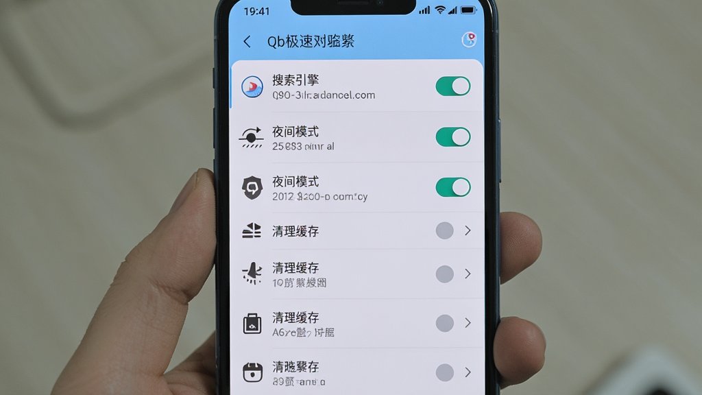 一张展示Qb极速浏览器设置界面的手机截图风格图,画面中央为手机屏幕,屏幕内显示设置菜单列表,包括搜索引擎、夜间模式、清理缓存等选项,布局居中,排版整齐,风格为简洁移动端UI,细节包括开关按钮、箭头图标、浅色背景,画质高清干净无多余元素