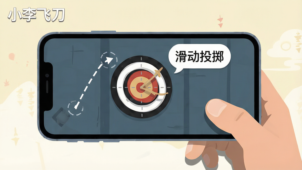 小李飞刀游戏内的新手教学画面,画面中一只手正握着手机,屏幕上显示滑动轨迹的虚线提示,靶盘旁有“滑动投掷”的文字气泡,布局为第一人称视角,风格为简约扁平插画,细节包含手机边框和手指阴影,画质干净,画面中带有“小李飞刀”字样,无多余元素