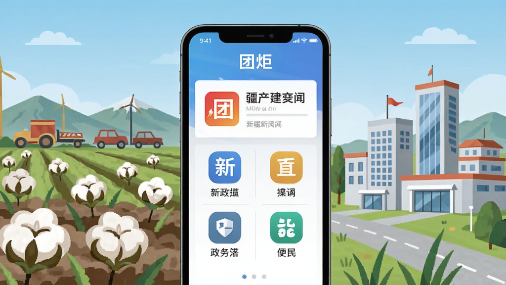 一幅展示智能手机屏幕的插画,屏幕中央显示“团炬”应用界面,包含新闻资讯、政务服务和便民功能图标,背景融合新疆生产建设兵团特色元素如棉田与现代化城镇,布局居中清晰,风格简洁扁平化,细节精致,画质高清,干净无多余元素