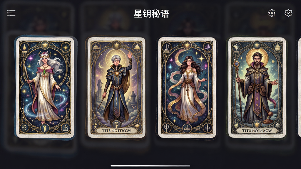 星钥秘语应用内展示多套不同艺术风格的塔罗牌面选择界面,布局为横向滑动卡片式排列,排版突出各套牌面的视觉差异,风格为精致唯美的插画风格,细节上每张牌面都有细腻的纹理和独特的色彩搭配,画质高清,画面干净,无多余元素。
