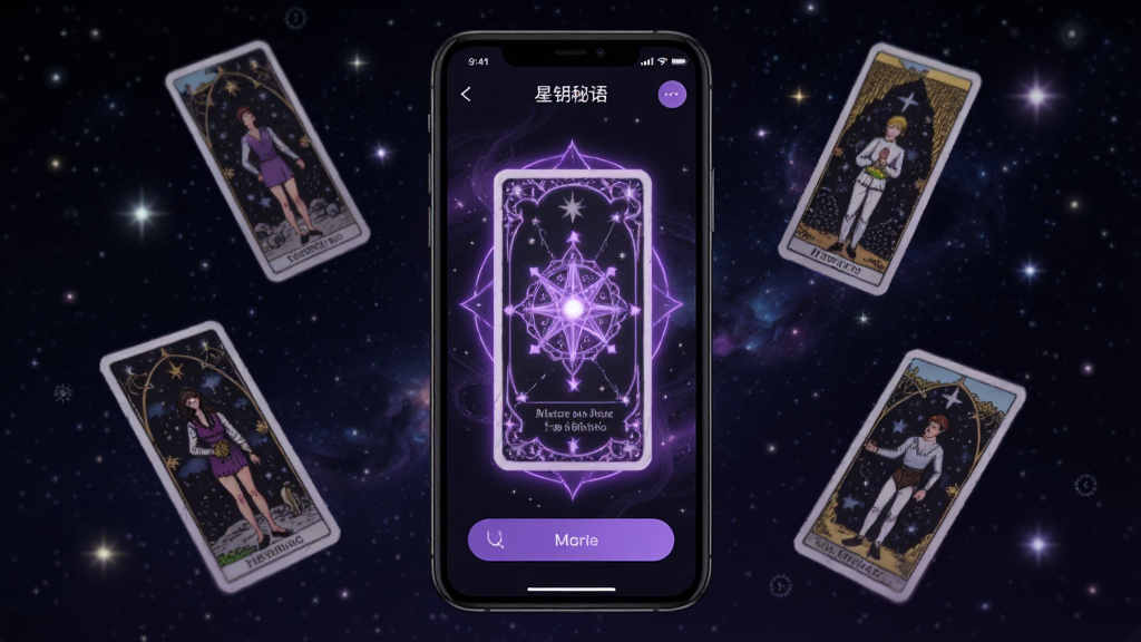 主体为一部智能手机,屏幕上显示着星钥秘语应用的塔罗牌界面,布局为手机居中放置,背景是深邃的星空与闪烁的星辰,排版简洁大方,风格为神秘奇幻的数字艺术,细节上手机屏幕散发着柔和的紫色光芒,周围环绕着几张悬浮的塔罗牌,画质高清,画面干净,无多余元素。