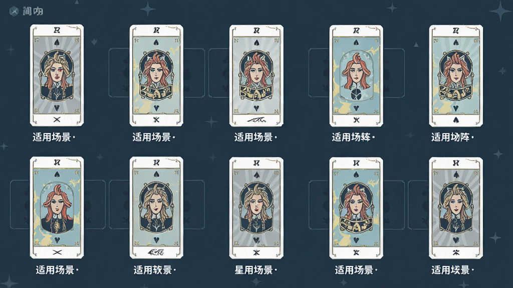 主体是星钥秘语软件内的多种塔罗牌阵布局图,布局为整齐排列的网格状,排版清晰展示不同牌阵的摆放位置,风格为简约扁平化信息图,细节上每个牌阵旁标注了适用场景,画质清晰,画面干净,无多余元素。
