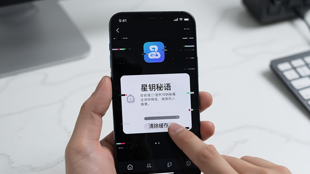 一部手机屏幕显示星钥秘语应用出现闪退错误提示,旁边有一只手正准备点击屏幕上的“清除缓存”按钮,布局为手机特写居中,背景为简洁的桌面环境,风格为写实科技风,细节上手机界面有轻微的故障艺术效果,画质清晰,画面干净,无多余元素。