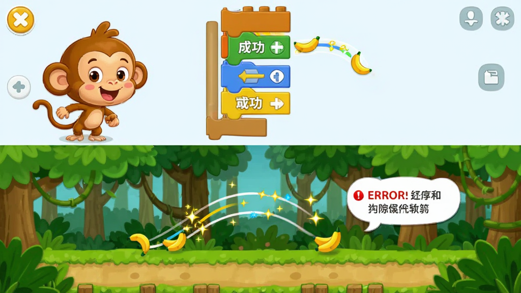 儿童编程启蒙软件运行反馈界面,画面中猴子角色按照积木指令在森林地图中收集香蕉,布局为上方是编程区下方是运行区,风格为明快卡通,细节包括动态轨迹线、成功特效、错误提示气泡,画质高清,干净,无多余元素