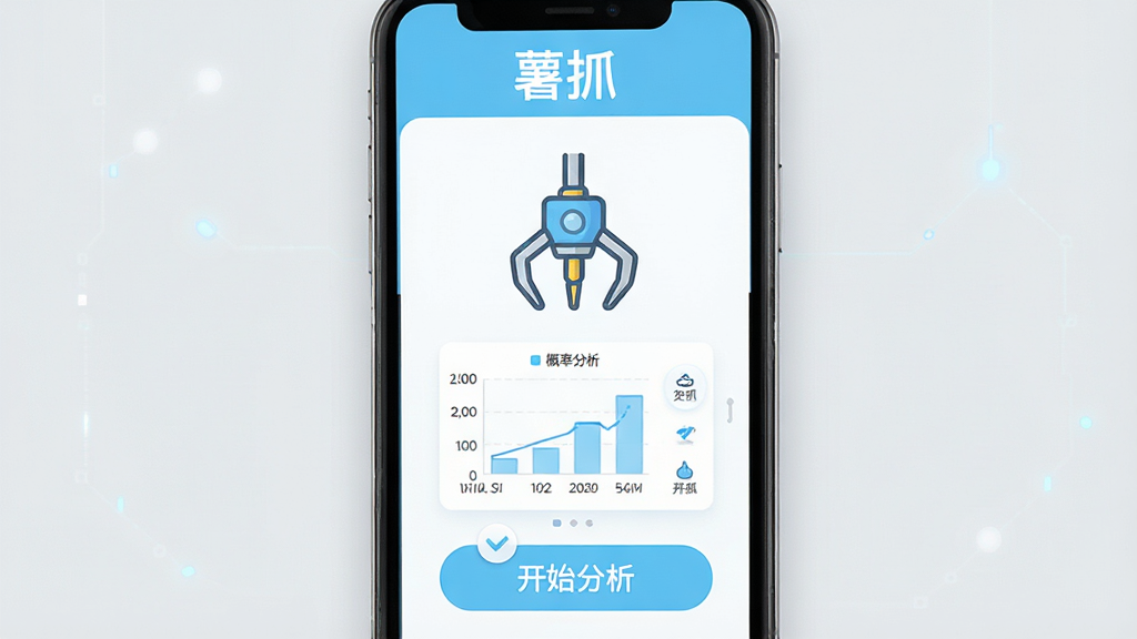 一张展示智能手机屏幕的图片,屏幕中央显示“薯抓”软件主界面,界面以浅蓝色和白色为主色调,顶部有“薯抓”文字标识,中间是抓娃娃机爪子的图标和概率分析图表,底部有开始分析按钮,背景是干净的浅灰色,整体风格简洁科技感,画质清晰,干净,无多余元素